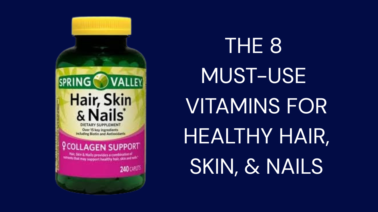 A picture with a vitamin supplement for healthy hair, skin, and nails